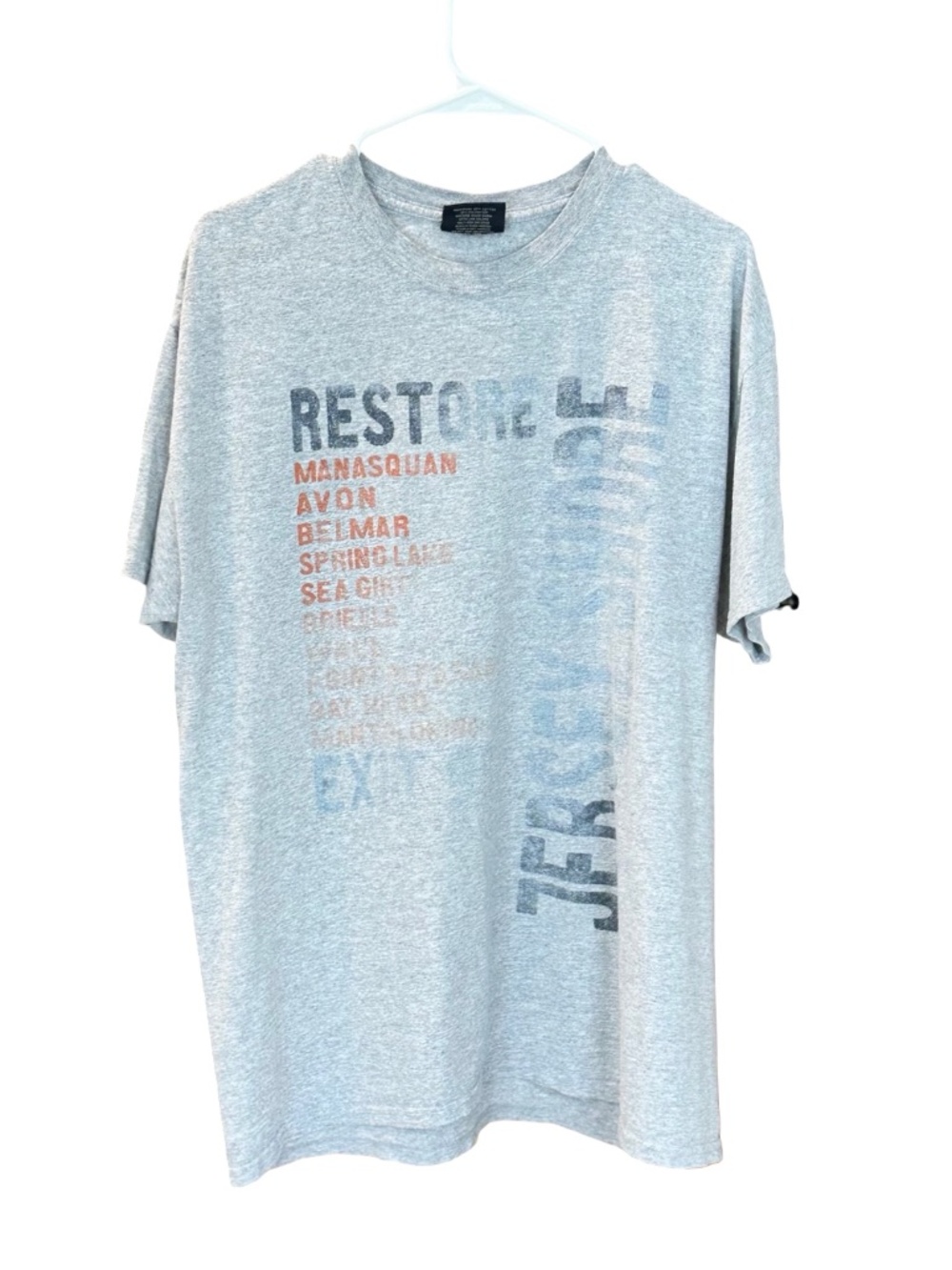 Woman's Casual Short Sleeve Crew Neck Graphic Tee "Restore the Shore" Gray Large